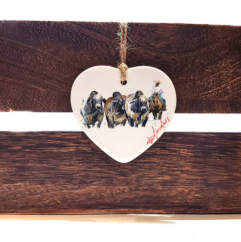 Brahman Cattle and Cowboy - Christmas ornament, Brahman ornament,Brahman Cows ceramic hearts
