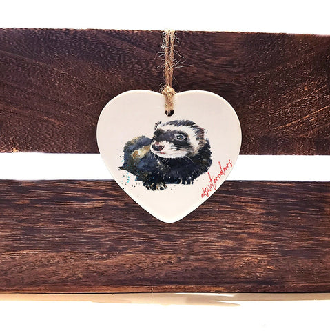 Ferret Ceramic heart 2  -  Christmas ornament, Ferret  Ceramic heart  decoration,Ferret  Ceramic heart ornament