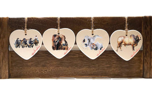 Brahman Cattle Ceramic Hearts Collection (set of 4)- Christmas ornament, Brahman ornament,Brahman Cows ceramic hearts
