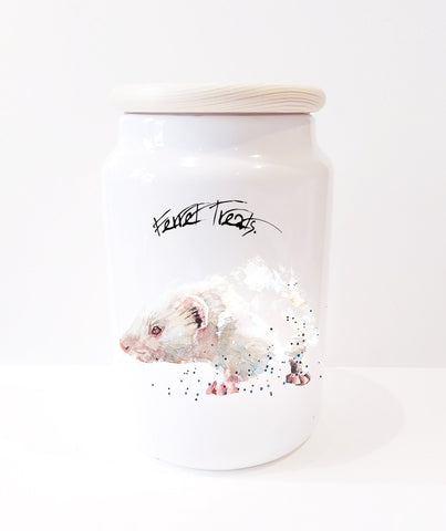 Albino Ferret Ceramic Treats Jar. Albino Ferret canister,Albino Ferret treats jar,Albino Ferret Treats container