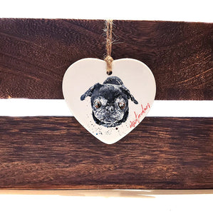 Pug Ceramic heart  -  Christmas ornament, Pug Ceramic heart  decoration,Pug Ceramic heart ornament,Pug tree decoration