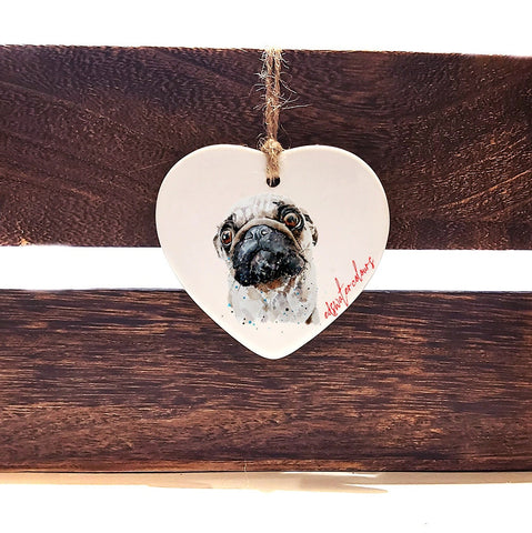Pug II Ceramic heart  -  Christmas ornament, Pug Ceramic heart  decoration,Pug Ceramic heart ornament,Pug tree decoration