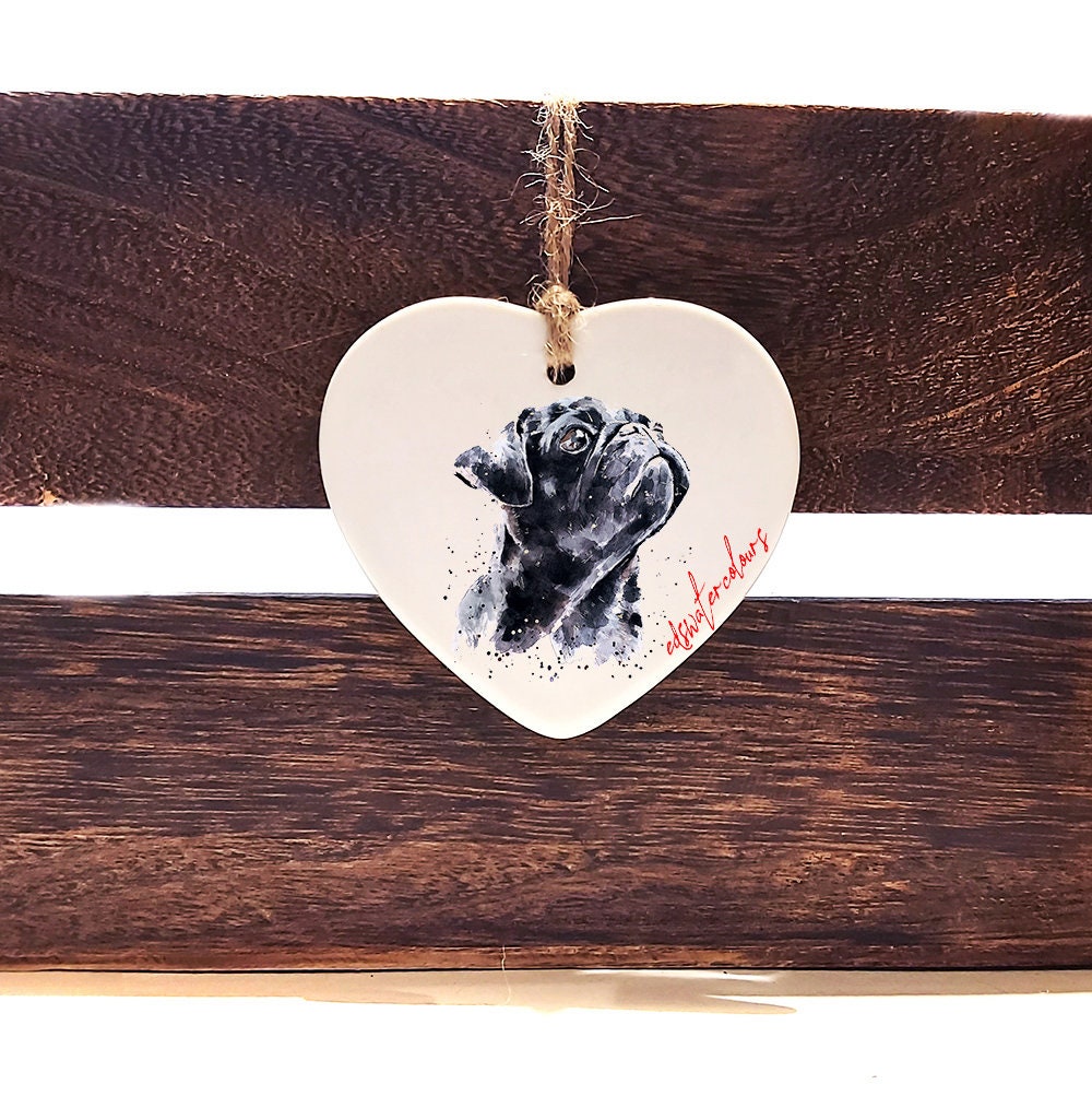 Pug III Ceramic heart  -  Christmas ornament, Pug Ceramic heart  decoration,Pug Ceramic heart ornament,Pug tree decoration
