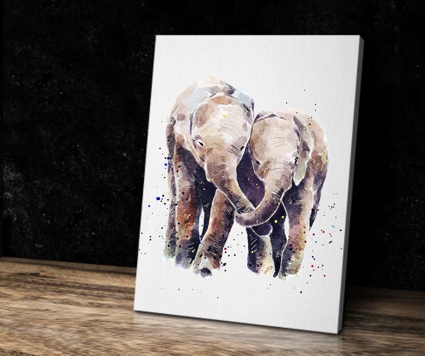 Elephants - Whispers in E Minor - Watercolour Canvas Print.Elephant art,Elephant watercolour art,Elephants wall art.