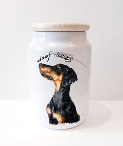 Doberman Regal Ceramic Treats Jar. Doberman  canister,Doberman  dog treats jar, Doberman  Treats container,Doberman snacks jar