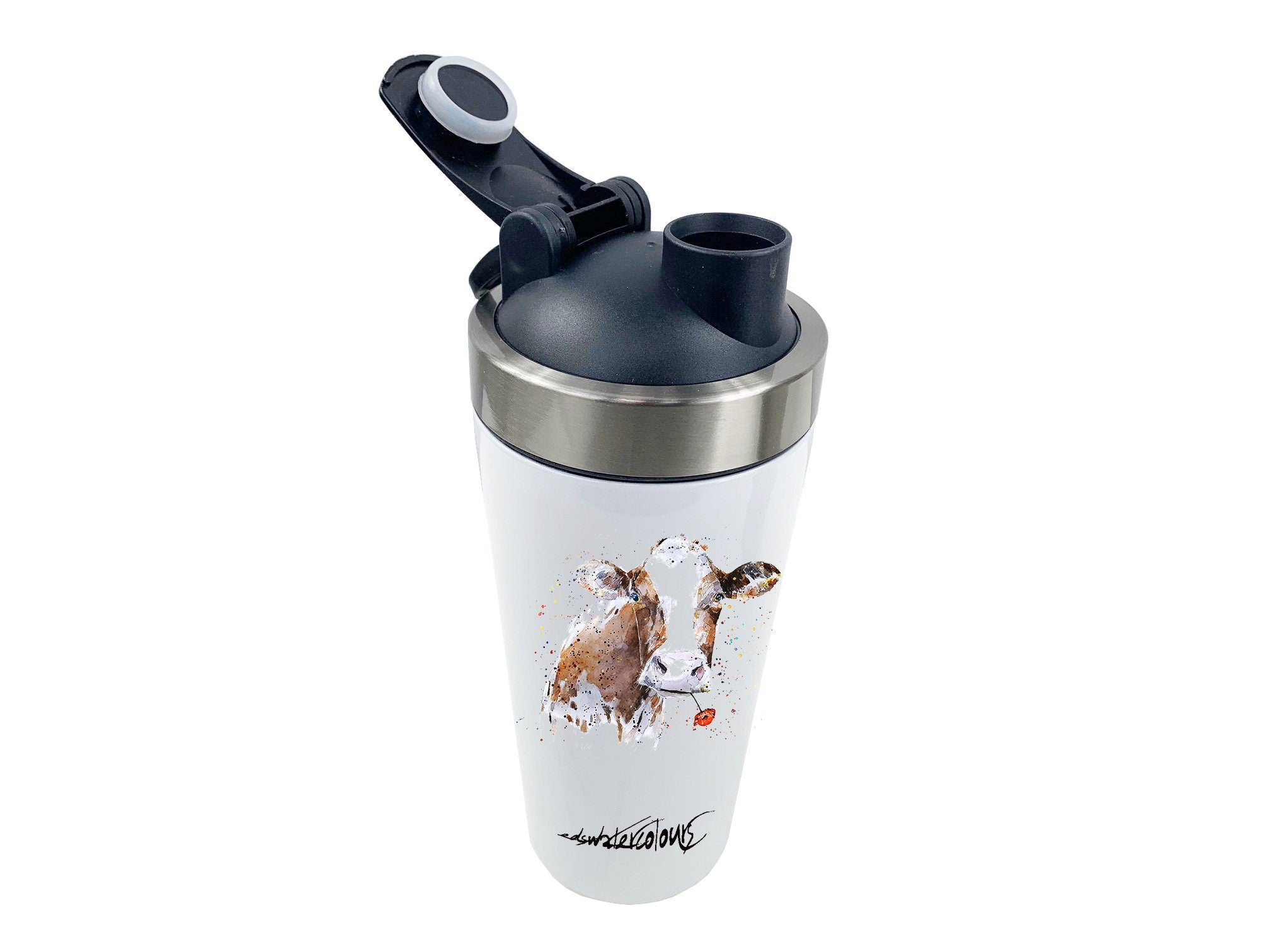 Poppy Cow  500ml Steel Shaker Bottle/Travel Mug .Cow shaker bottle,Cow bottle gift,Cow travel mug