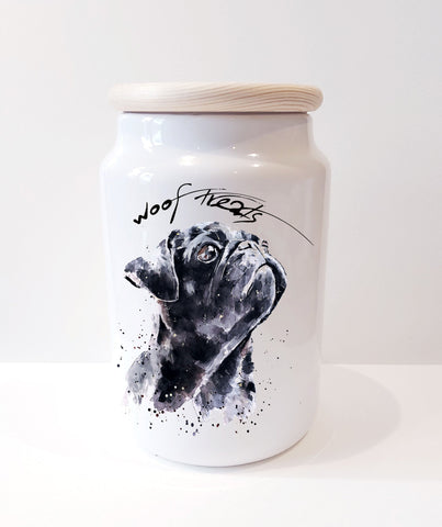 Black Pug Ceramic Treats Jar. Pug Canister,Pug jar.Pug Storage Canister, Pug Doggie treats container