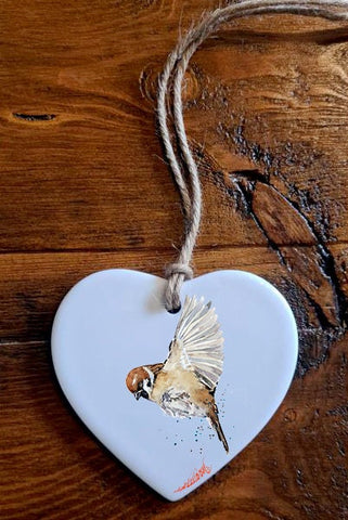 House Sparrow ceramic heart - House Sparrow  Christmas ornament, Sparrow decoration,Sparrow ceramic heart,Sparrow ceramic heart