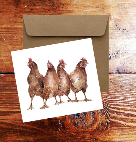 Chickens in Art Greeting/Note Card.Chickenscard,Chickens greeting card,Hens greeting card