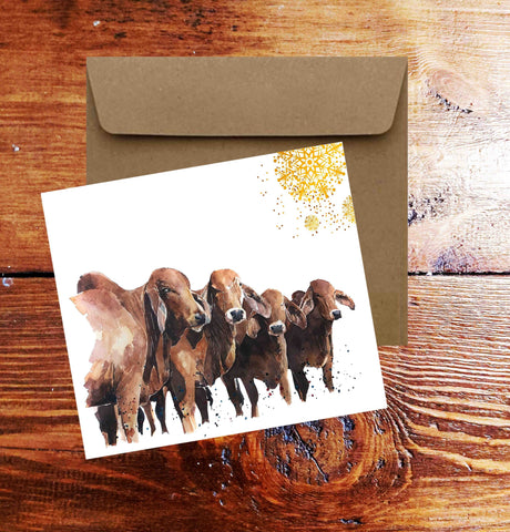 Red Brahman Cattle Square Christmas Card(s) Single/ Pack of 6.Brahman Cattle cards,Brahman Cattle greetings card,Brahman Cattle Xmas card