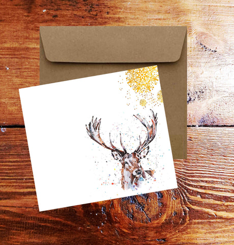 Stag Watercolour Art Square Christmas Card(s) Single/ Pack of 6.Stag Watercolour cards,Stag greetings card,Stag  Xmas cards