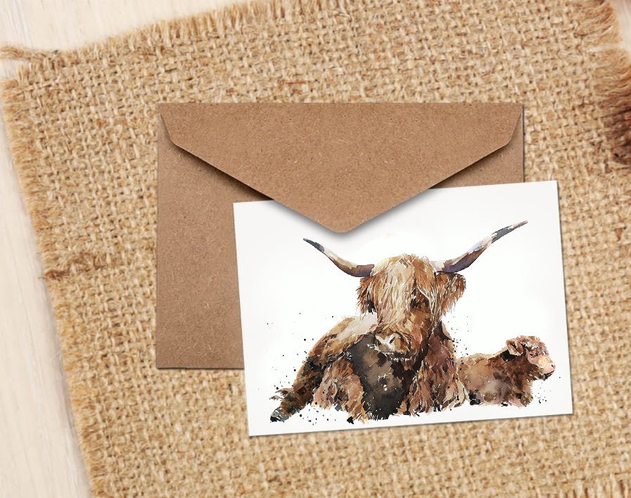 Highland Cattle Greeting/Note Card.Highland Cattle cards,Highland Cattle note cards, Highland Cattle Art greeting cards