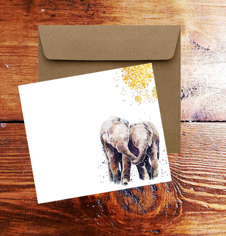 Elephants Art Square Christmas Card(s) Single/ Pack of 6.Elephants cards,Elephants greetings card,Elephants  Xmas card