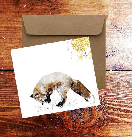 Fox Watercolour Art Square Christmas Card(s) Single/ Pack of 6.Fox cards,Fox greetings card,Fox  Xmas card
