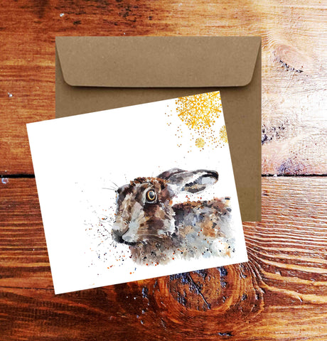 Hare Watercolour Art Square Christmas Card(s) Single/ Pack of 6.Hare Watercolour cards,Hare Watercolour greetings card,Hare Xmas cards