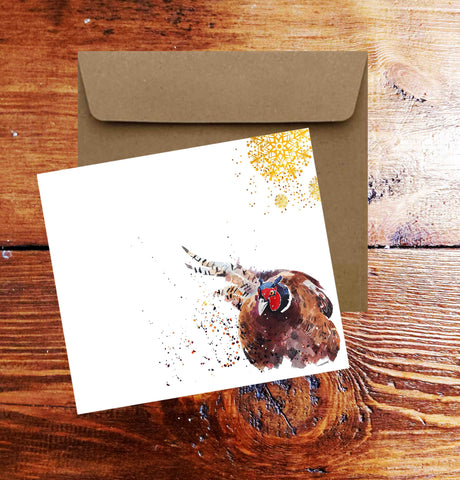 Pheasant Watercolour Art Square Christmas Card(s) Single/ Pack of 6.Pheasant Watercolour cards,Pheasant  greetings card,Pheasant Xmas cards