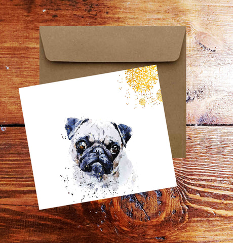 Pug Art Square Christmas Card(s)Single/ Pack of 6.Pug Watercolour cards,Pug greetings card,Pug Xmas cards
