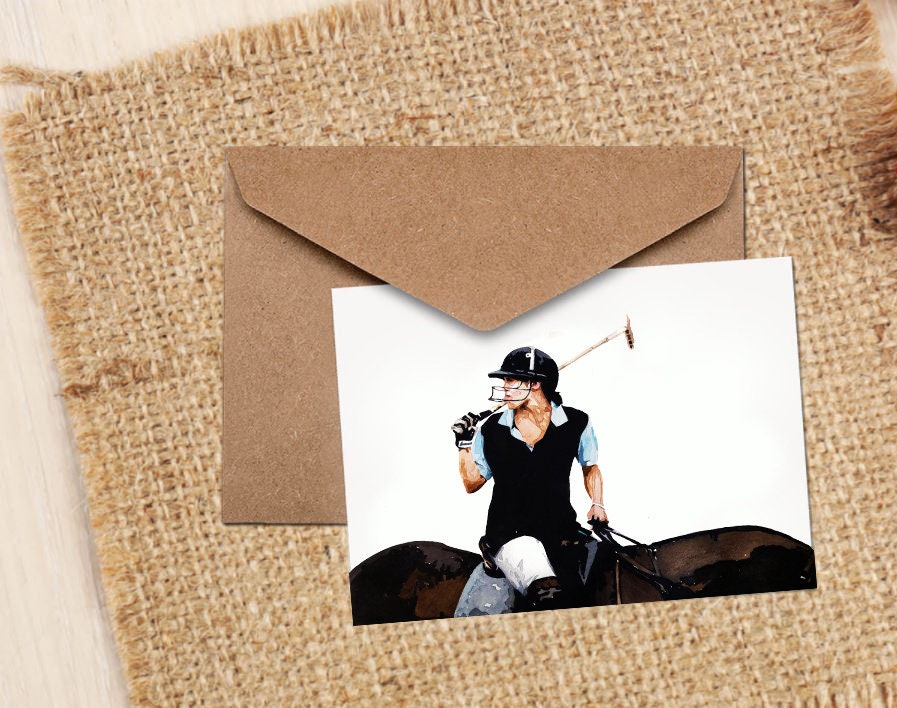 Female Polo Rider II Art Greeting/Note Card.Polo Player Card,Polo rider horse Art card,Polo horse player greetings card