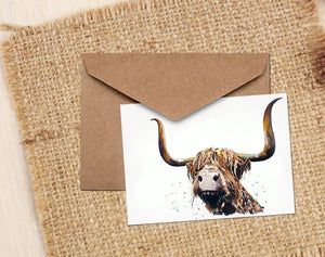 Highland Cow Greeting/Note Card.Highland Cattle cards,Highland Cattle note cards, Highland Cattle Art greeting cards
