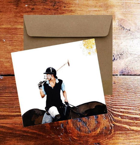 Female Polo Rider II Art Greeting/Note Card.Polo Player Card,Polo rider horse Art card,Polo horse player greetings card