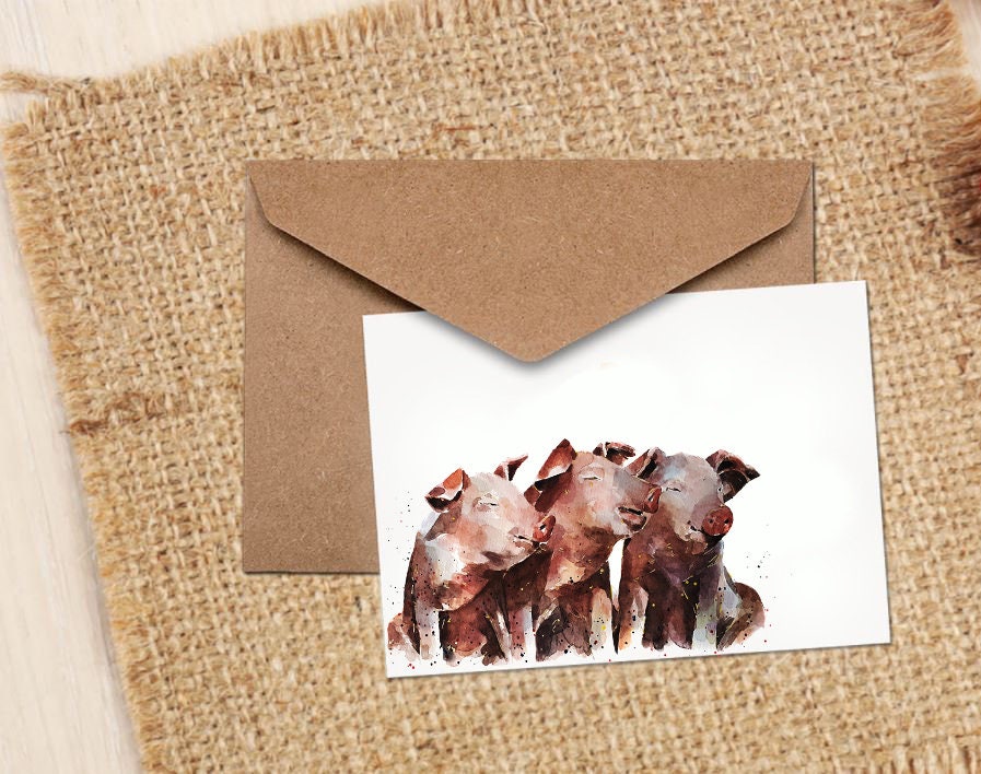 Three Lil Pigs Watercolour Art Note/Greeting Card - Pigs Greeting card,Piglets Note card,Pigs watercolor Card,Pigs art greeting Card