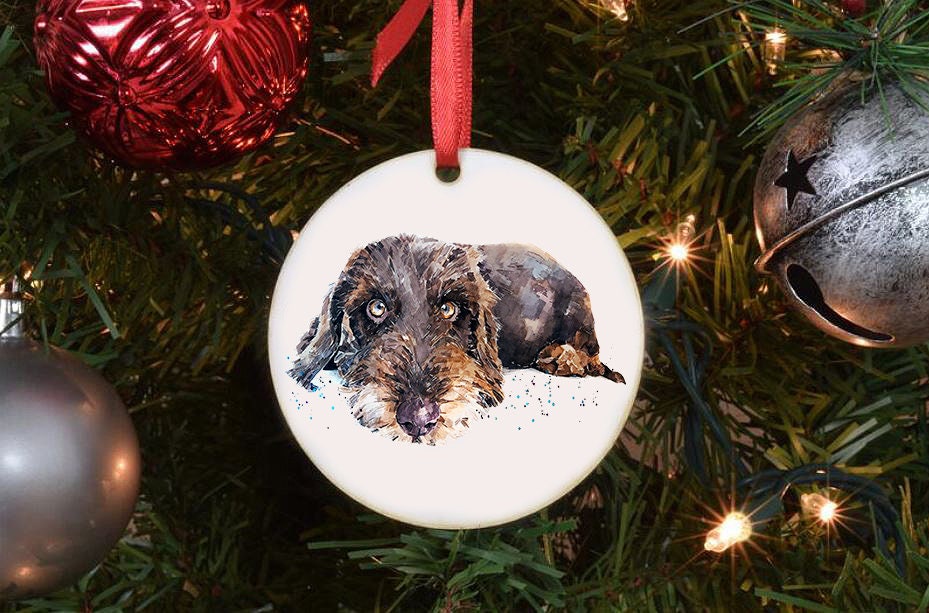 Wirehaired Dachshund IV Ceramic Circle Tree Decoration.Wirehaired Dachshund Xmas Tree Decoration,Wirehaired Doxie Christmas Tree Ornament