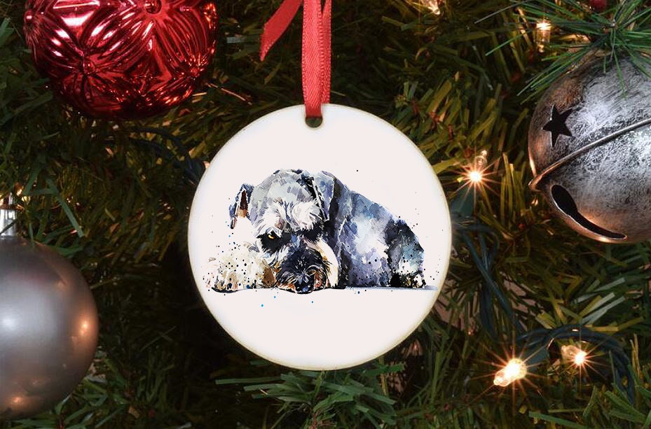 Schnauzer Ceramic Circle Tree Decoration. Schnauzer Xmas Tree Decoration, Schnauzer Christmas Tree Ornament,Schnauzer Xmas Tree Decoration