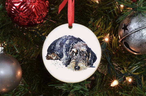 Wirehaired Dachshund Ceramic Circle Tree Decoration.Wirehaired Dachshund Xmas Tree Decoration, Wirehaired Dachshund Christmas Tree Ornament