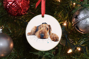 Airedale Terrier II Ceramic Circle Tree Decoration.Airedale Terrier Xmas Tree Decoration, Airedale Terrier Christmas Tree Ornament