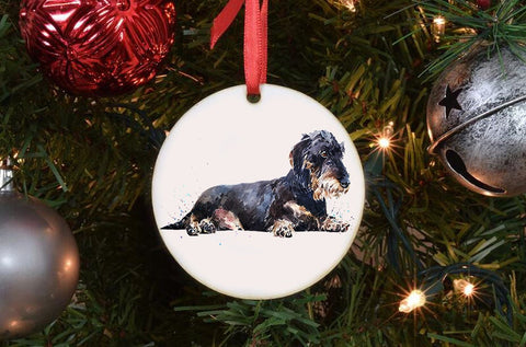 Wirehaired Dachshund II Ceramic Circle Tree Decoration.Wirehaired Dachshund Xmas Tree Decoration,Wirehaired Doxie Christmas Tree Ornament