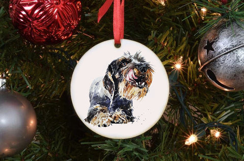 Wirehaired Dachshund III Ceramic Circle Tree Decoration.Wirehaired Dachshund Xmas Tree Decoration,Wirehaired Doxie Christmas Tree Ornament