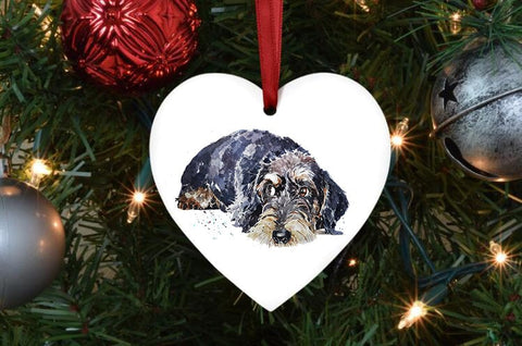 Wirehaired Dachshund Ceramic Heart II Tree Decoration.Wirehaired Dachshund Xmas Tree Decoration,Wirehaired Doxie Christmas Tree Ornament