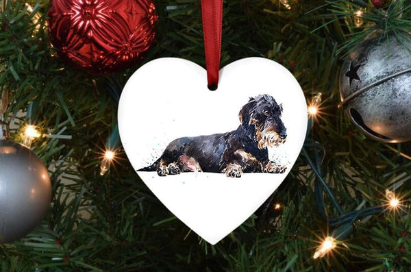 Wirehaired Dachshund Ceramic Heart II Tree Decoration.Wirehaired Dachshund Xmas Tree Decoration,Wirehaired Doxie Christmas Tree Ornament