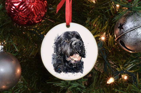 Black Newfoundland Dog Ceramic Circle Tree Decoration. Newfoundland Dog Xmas Tree Decoration, Newfoundland Dog Christmas Tree Ornament