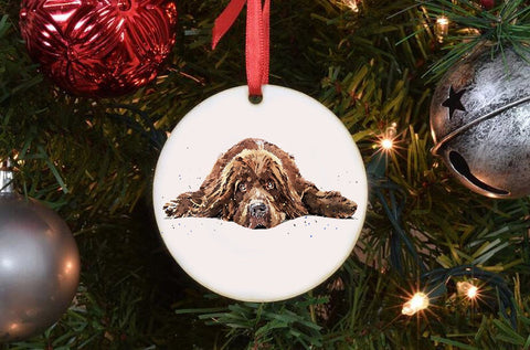 Newfoundland Dog Ceramic Circle Tree Decoration. Newfoundland Dog Xmas Tree Decoration, Newfoundland Dog Christmas Tree Ornament