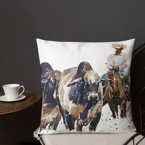 "Brahman Cattle & Cowboy" - Premium Pillow/Cushion