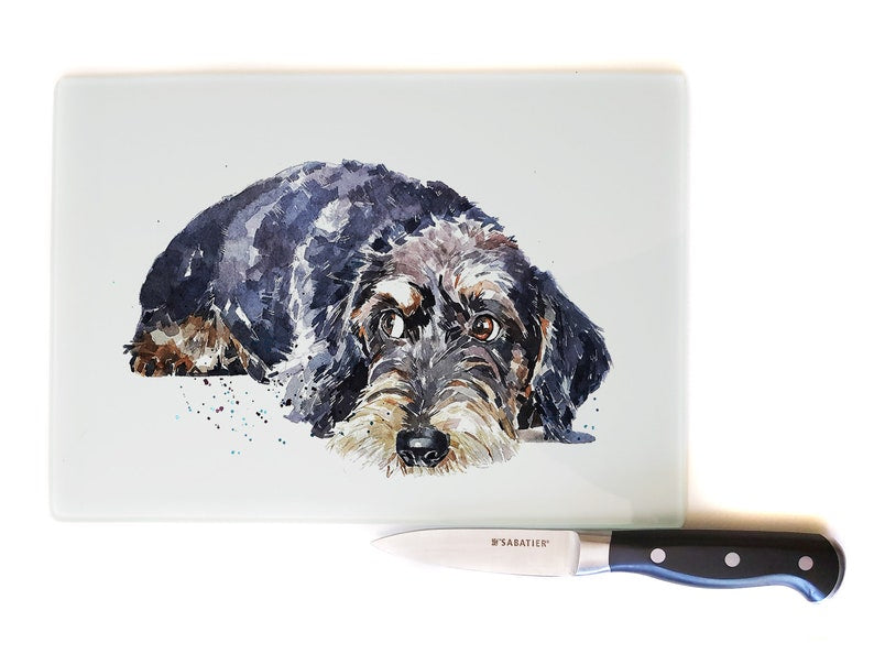 Wirehaired Dachshund Toughened Glass Chopping - Smooth finish - Wirehaired Dachshund Chopping board, Work Top Saver